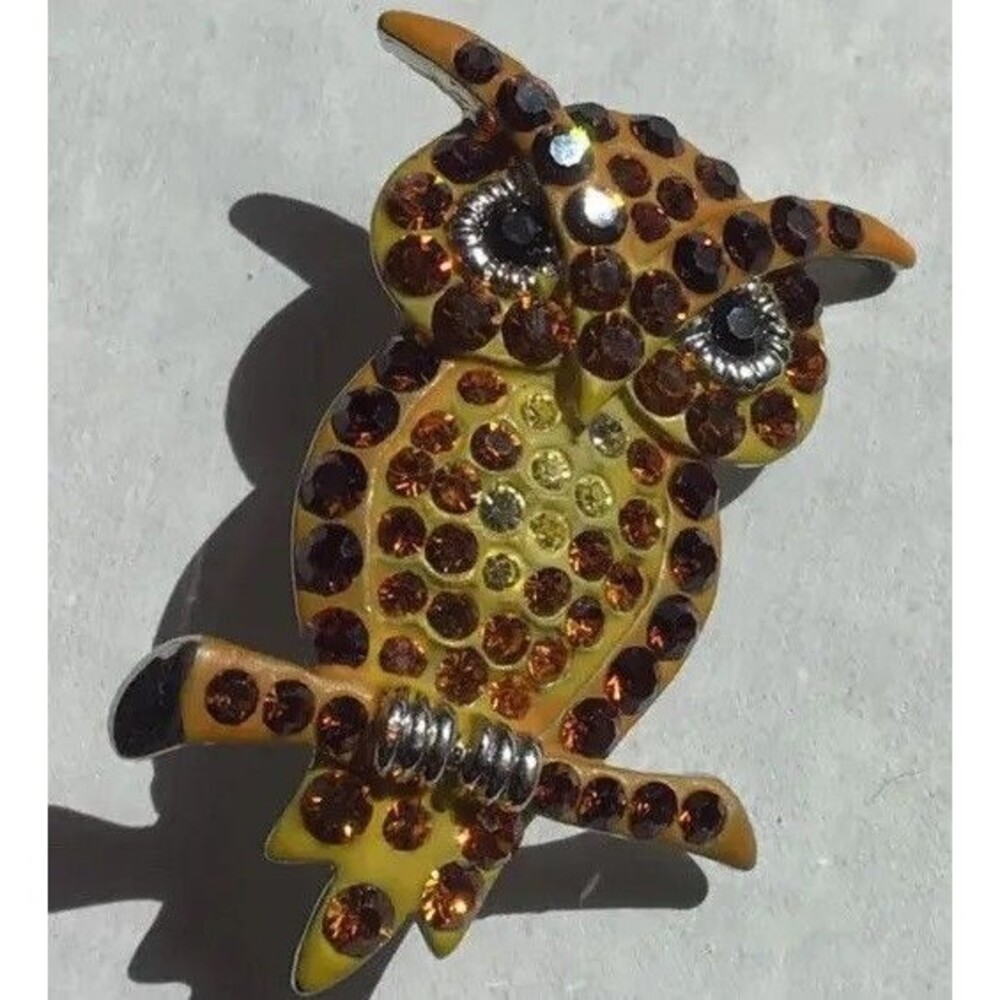 Vintage Owl Brooch Costume Silver Tone Various Amber Rhinestones- Unsigned